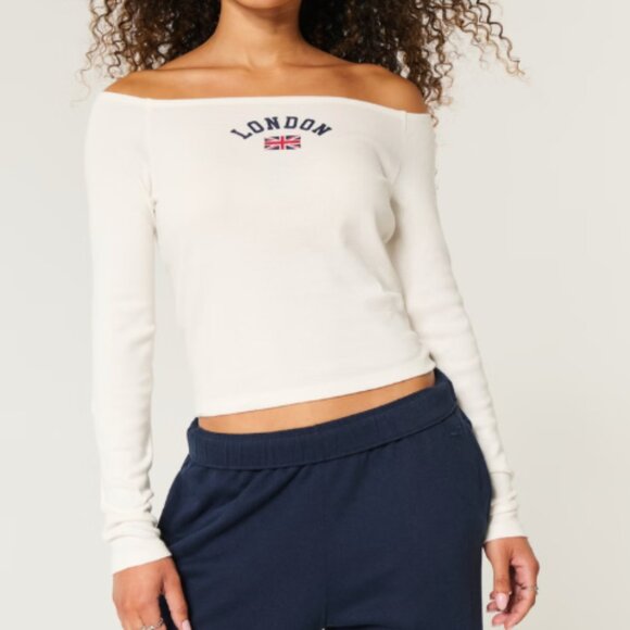 *NWT* Hollister Easy Off-the-Shoulder London Graphic Tee - White - Picture 1 of 4